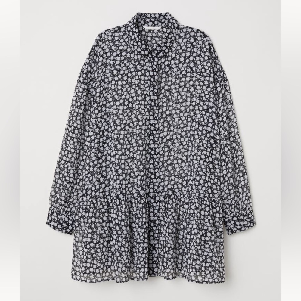 H&M Black and White Floral Flounce Chiffon Blouse